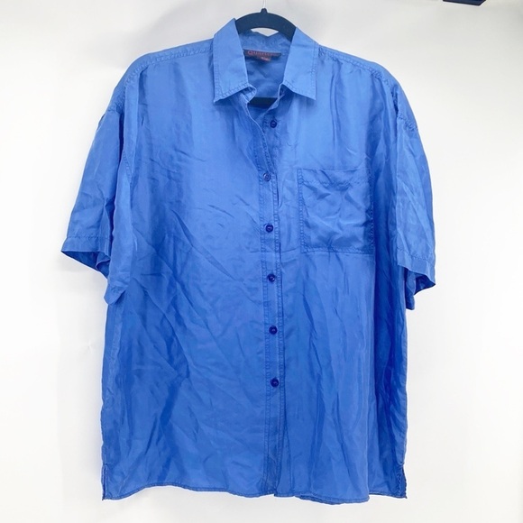 Vintage Quarters 100% Silk Short Sleeve Button Down Shirt blue hi lo split hem - Picture 1 of 7